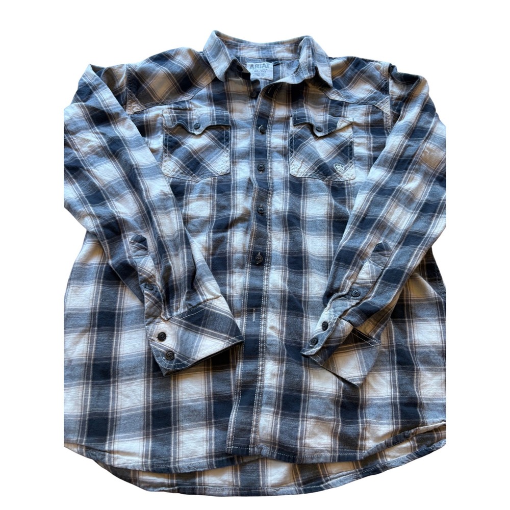 ARIAT Mens Retro Fit Plaid Long Sleeve Button Up Shirt XL Beige Blue Western